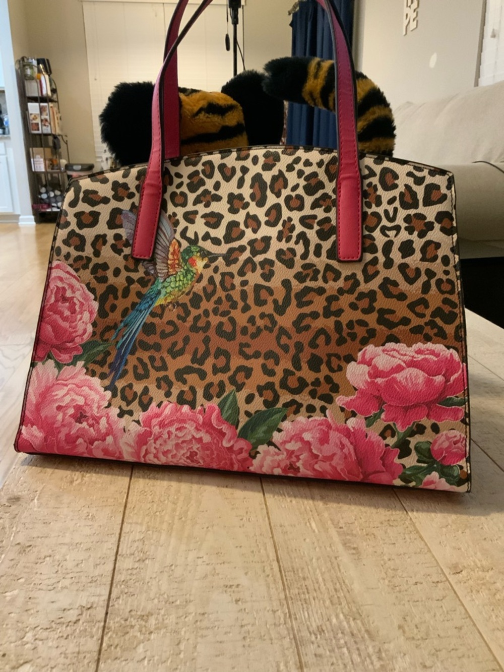 Leopard Print Tote with Pink Floral Trim and Pink Handles